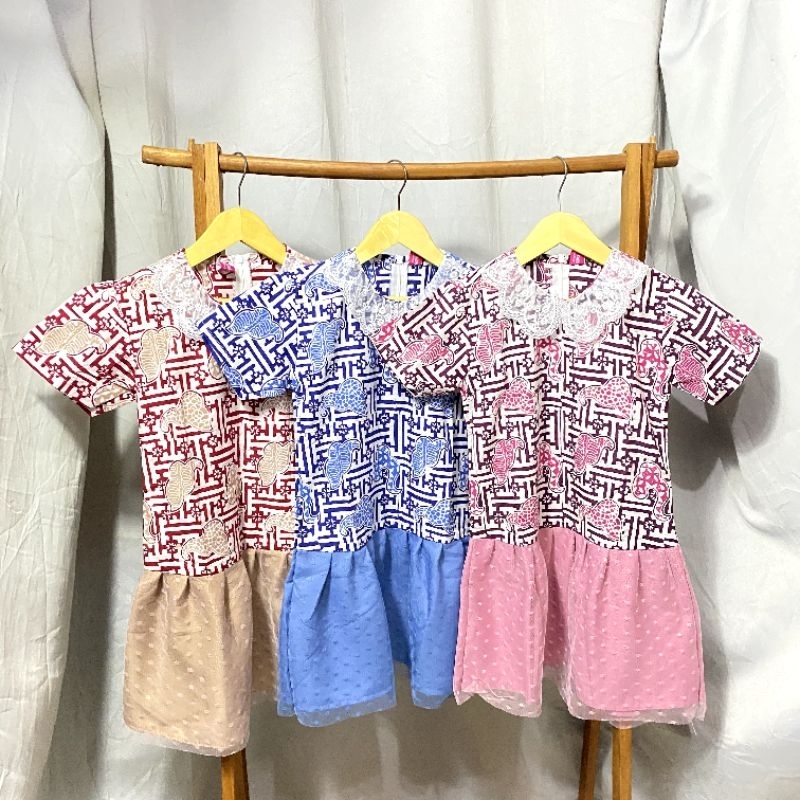 BANARA DRESS BATIK ANAK LENA KERAH RENDA KOMBINASI TILE DOT PINK BIRU MERAH TUA LENGAN PENDEK ANGGUN