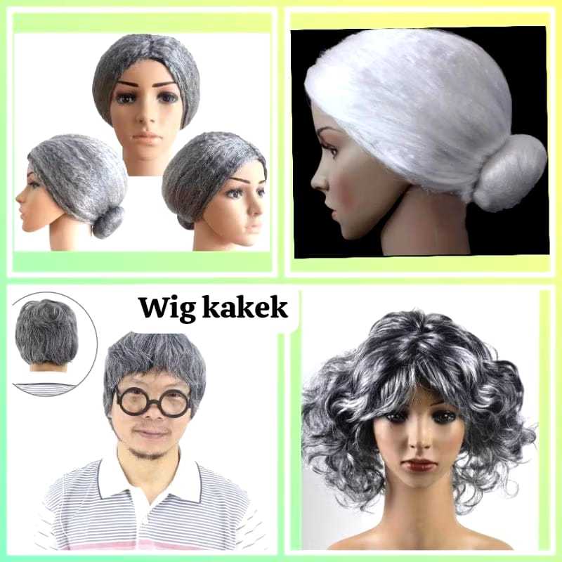 Wig rambut palsu putih abu uban kakek sanggul nenek tua lansia lelaki pria