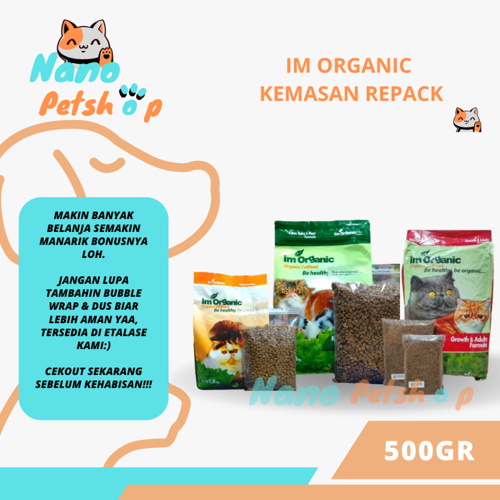 Makanan Kucing - IM ORGANIC Kemasan Repack 500gr Imo kbm Imo Growth Imo Best
