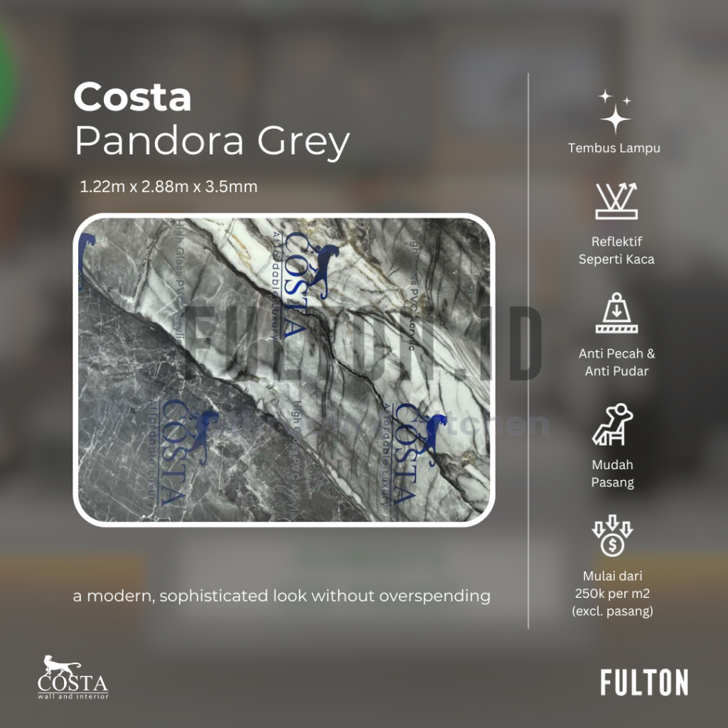 Costa PVC Akrilik Marmer Pandora Grey 1.22m x 2.88m x 3.5mm