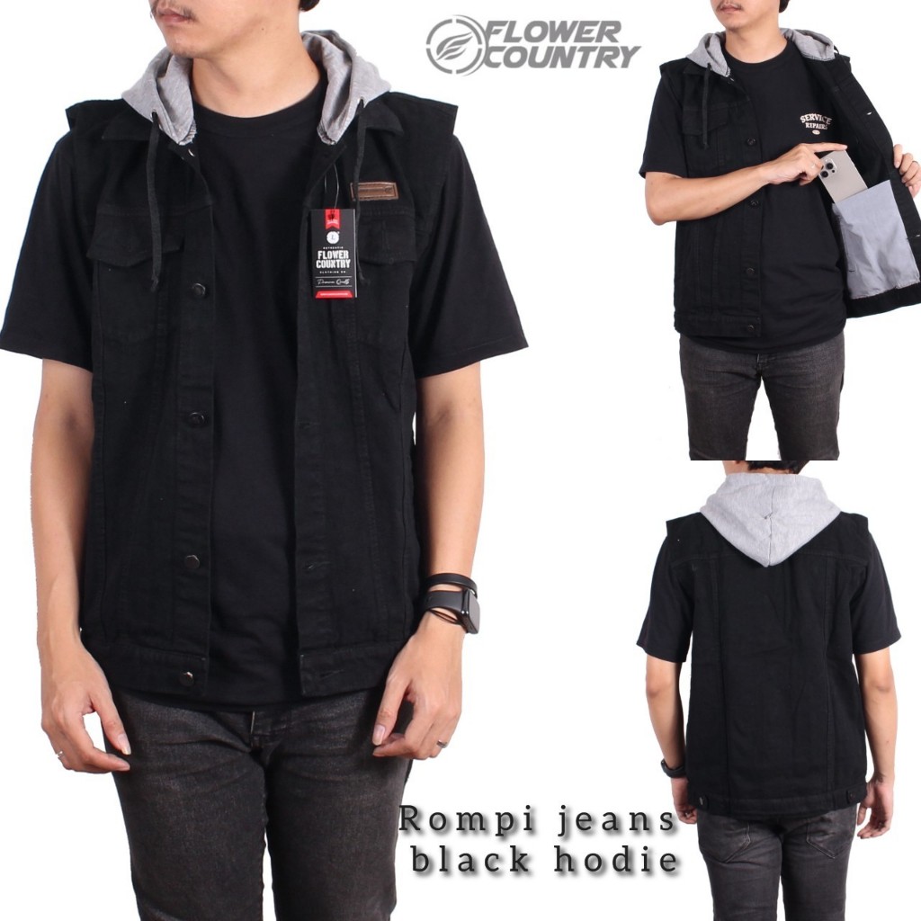 Jaket Rompi Hodie cowok-cewek pull hitam pria simple jeans denim