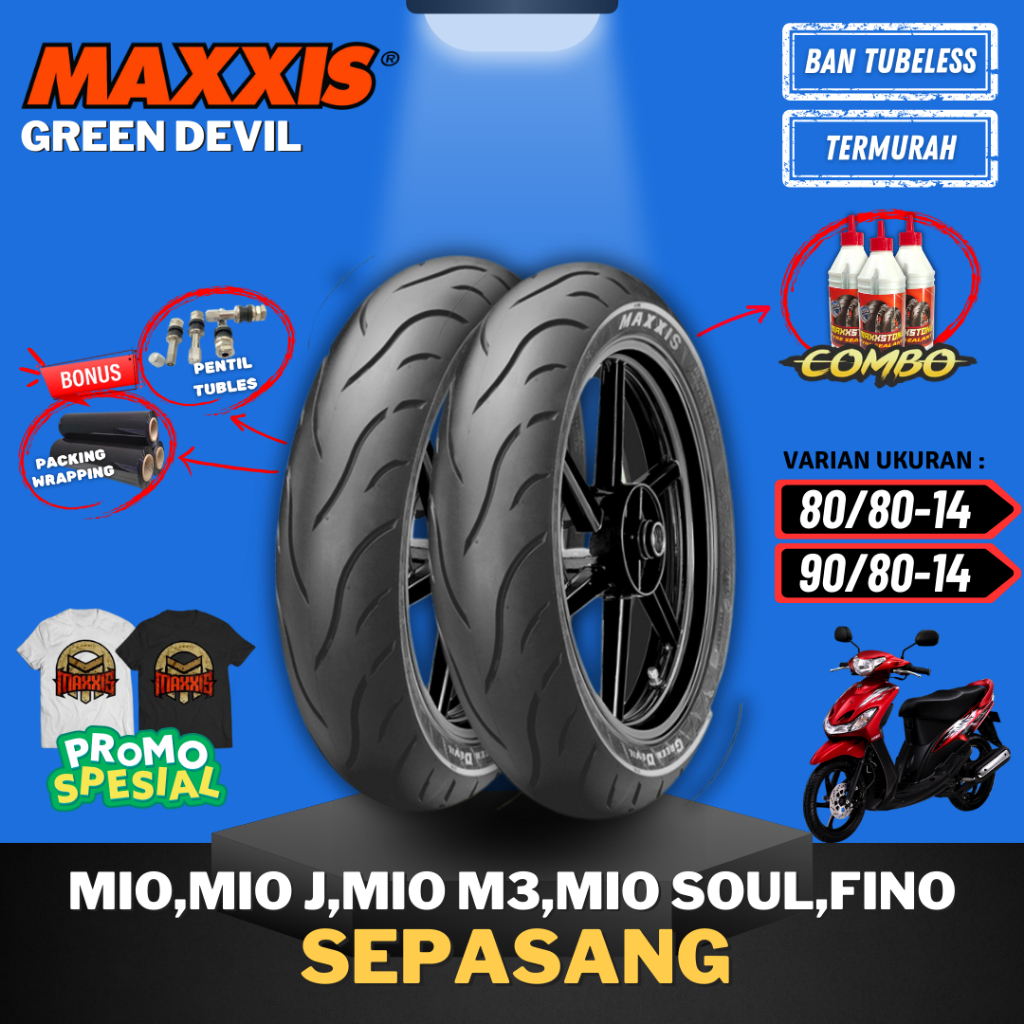PROMO [PAKET SEPASANG MURAH] BAN MAXXIS GREEN DEVIL RING 14 ( 80/80-14 & 90/80-14 ) / BAN MAXXIS