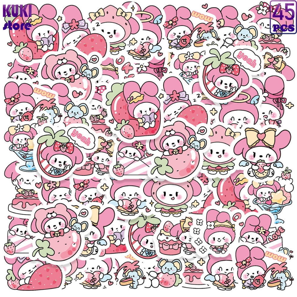 45 Pcs Gaya Sanrio, Kartun Kelinci Stroberi Merah Muda Yang Lucu, Stiker Warna-warni