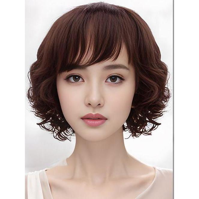 Wig rambut keriting alami wig untuk wanita rambut pendek perm pir bernapas kepala ibu paruh baya