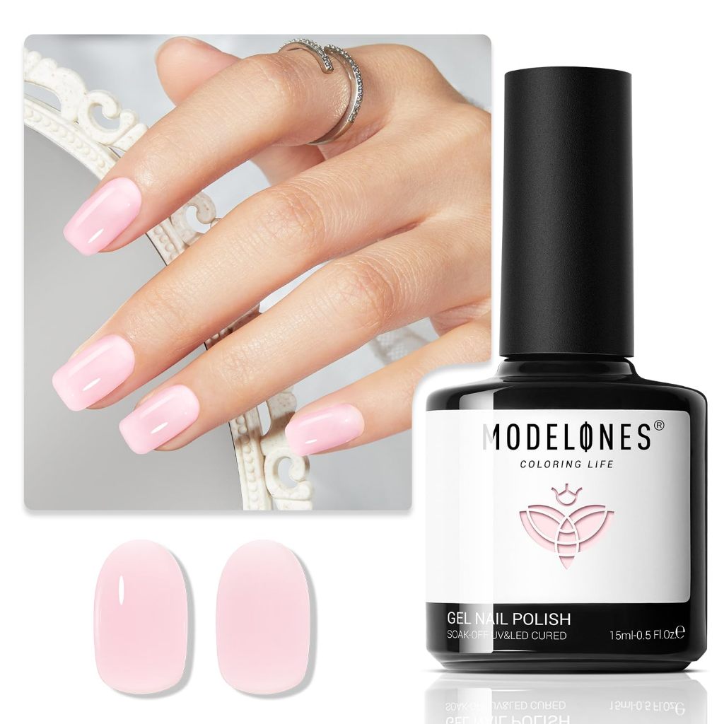 Modelones Milky Pink Gel Nail Polish, 15 ML Nude Pink Tones Baby Pink Bubble Bath Nail Art Transluce