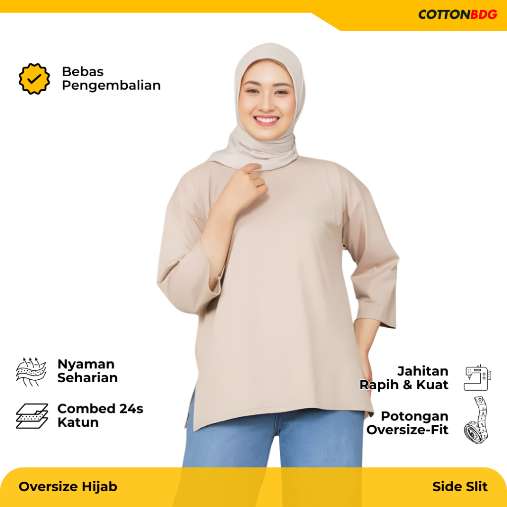𝐂𝐨𝐭𝐭𝐨𝐧𝐛𝐝𝐠 Baju Kaos Polos Oversize Atasan Wanita Hijab Cream Size M-XXL Kasual