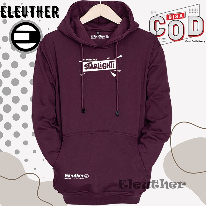 Hoodie Distro Pria Wanita Eleuther Warna Burgundy Sablon Starlight Putih Switer Hudie Unisex Murah C