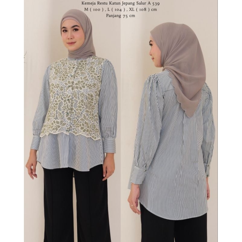 Blouse Kemeja Salur Katun Jepang Premium Mix Brukat Import | Atasan Wanita Premium / Blouse Katun Je