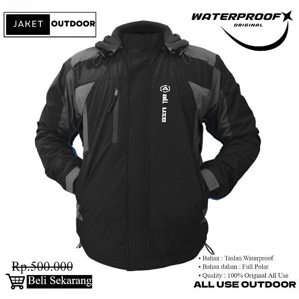JAKET OUTDOOR ANTI AIR ORIGINAL ALL USE 100% TAHAN AIR HITAM ABU