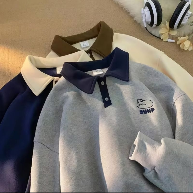 Jaketin Aja - Sweater Kerah Polo Collar Big Size ( S - 6XL ) CAT CUTE MEAW SUNP Crewneck Mix Two Ton