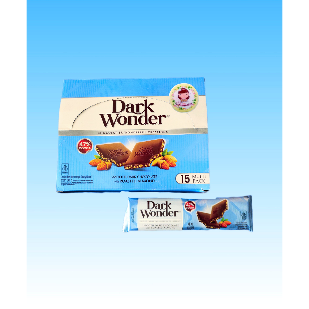 

.Sekotak Dark Wonder Chocolate Almond 47% Cocoa 56 gr isi 15 pcs (SCP)