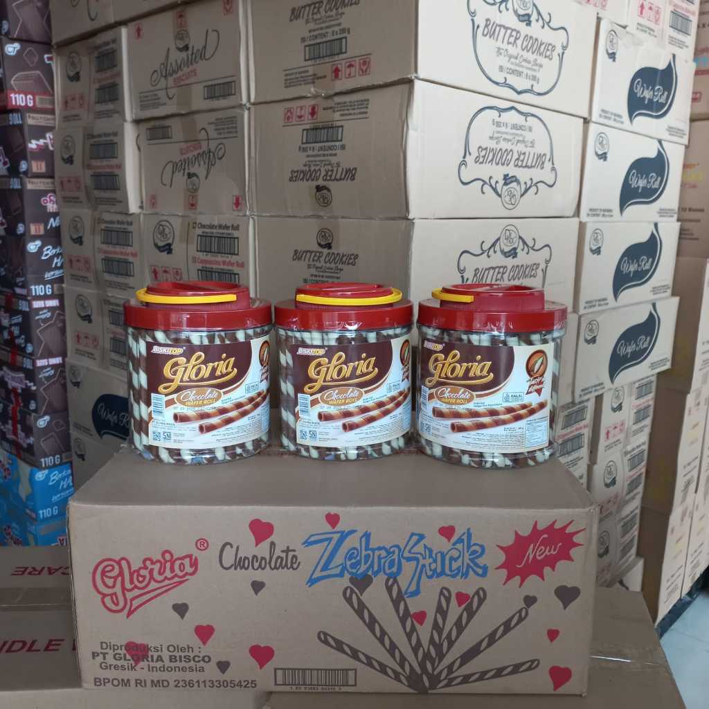 

Gloria wafer stick zebra 500 gram 1 dus isi 6 toples