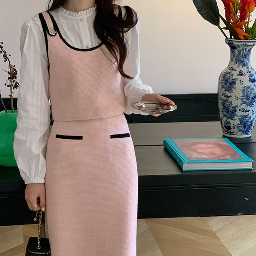 Setelan Rok Rompi Wanita, Baju Rok Rompi Gaya Korea Sederhana Merah Muda Manis Musim Gugur