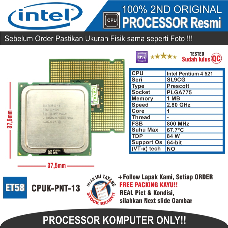 ET58 CPUK-PNT-13 PROCESSOR PC KOMPUTER INTEL PENTIUM 4 521 SL9CG