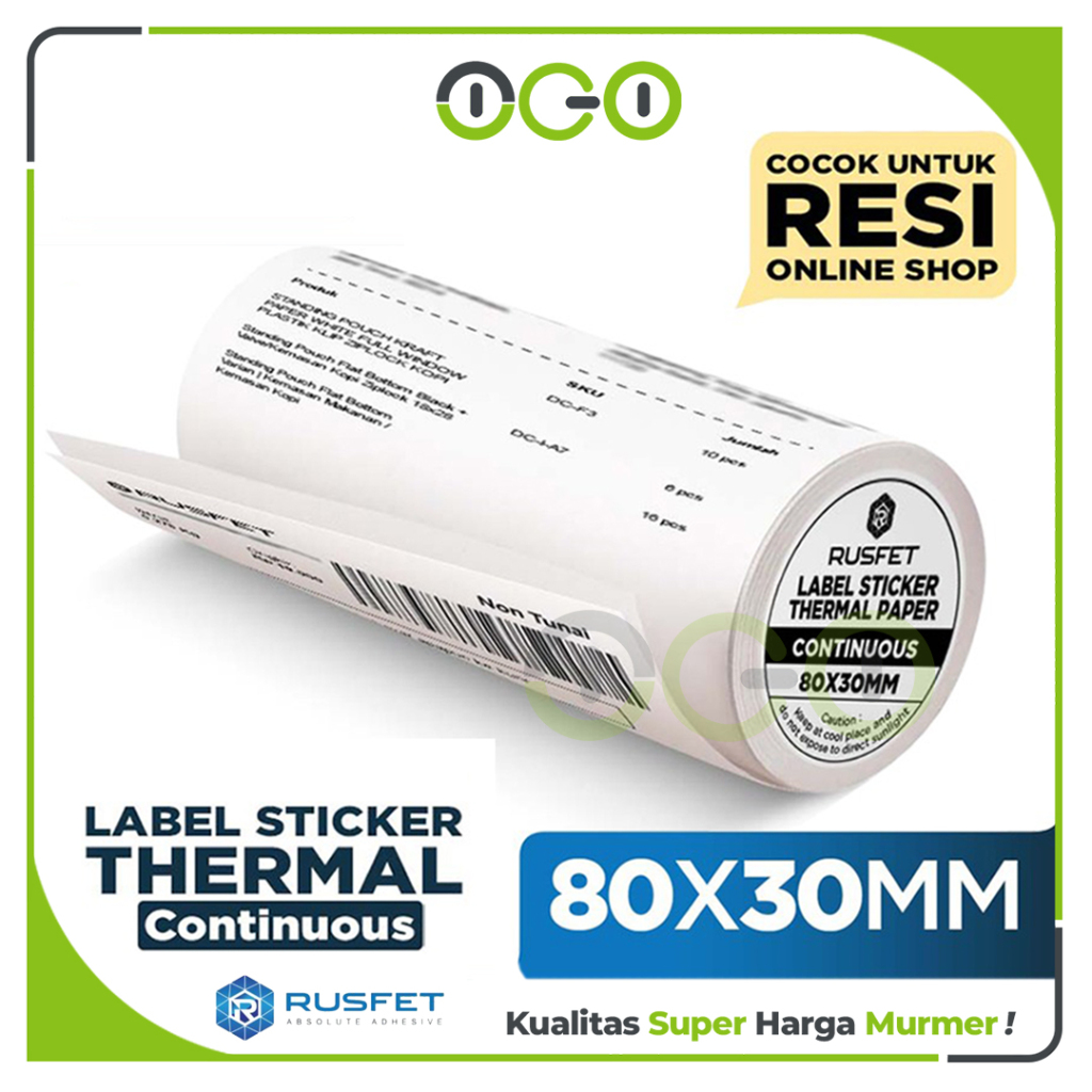 

Sticker Paper Label 8cm x 3cm 10,5mtr continous Thermal Kertas Termal Printer Resi Per Roll - RUSFET