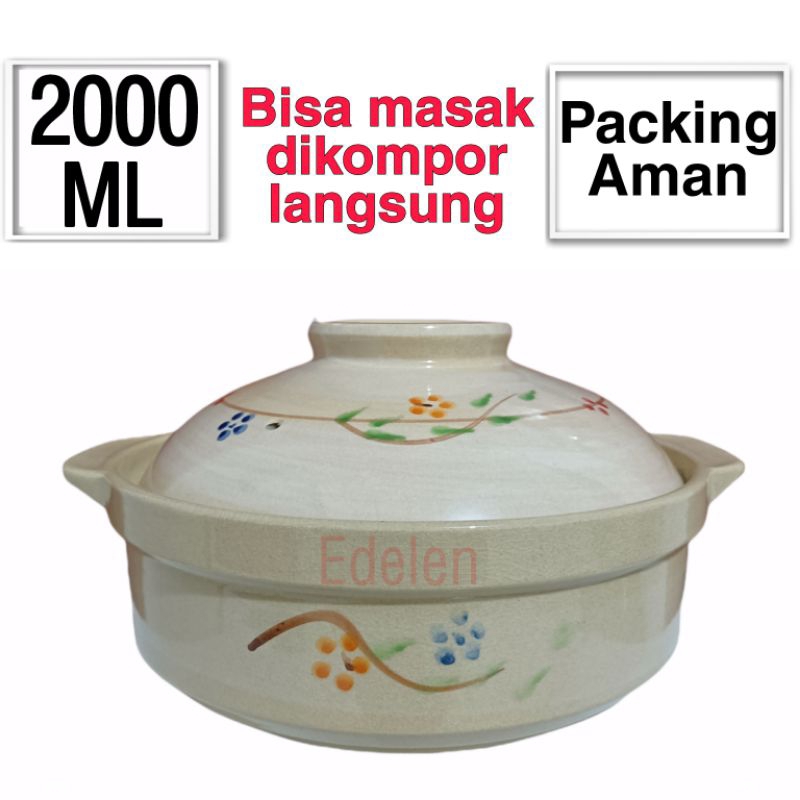Mangkok Sapo Keramik Jepang Tutup Besar Yoshikawa 9.5 Inch Model Ceper Motif Bunga Claypot Bowl