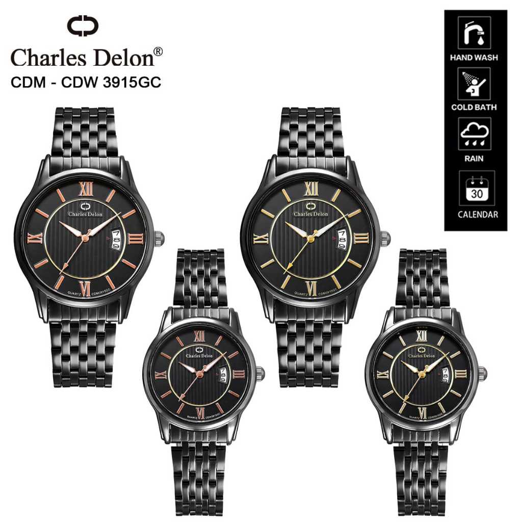 Official CHARLES DELON Watch Free Box Original Jam Tangan Rantai Couple Pria Wanita Analog Kalender 