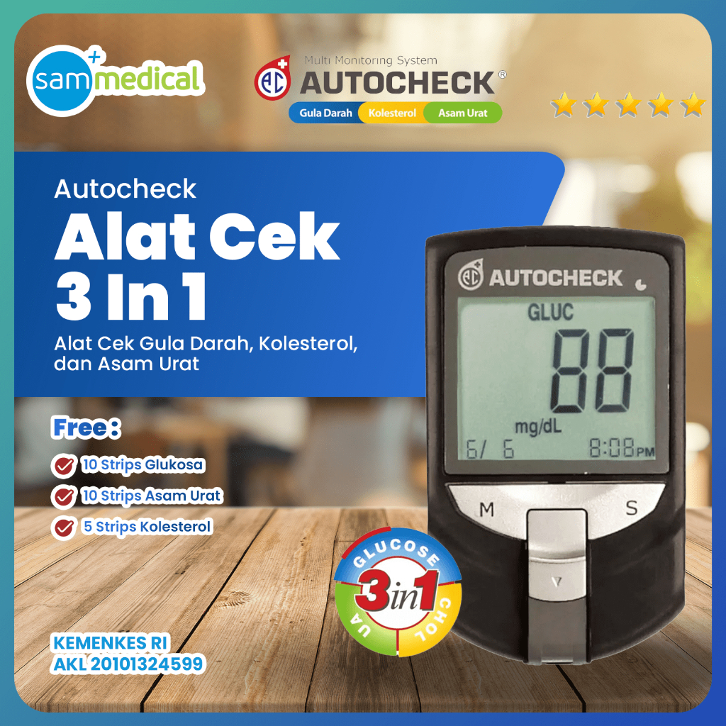 Autocheck Alat Cek Gula Darah Kolesterol Asam Urat 3 in 1 / Alat Tes Akurat / GLUCOSE / UA/ KOLES