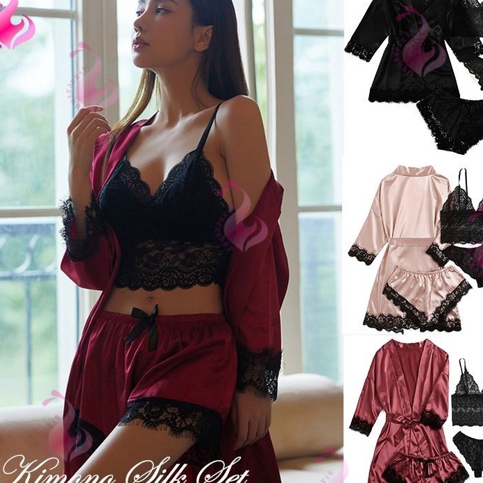 Wah Lingerie Sexy Kimono Silk Set Piyama Satin Baju Tidur Wanita Premium 884 Set Piyama Kimono Wanit