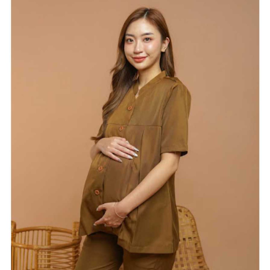 KP8 Baju Kerja Dinas Pemda Hamil Seragam Wanita Tangan Pendek Setelan Celana Panjang Khaki Tua Katun