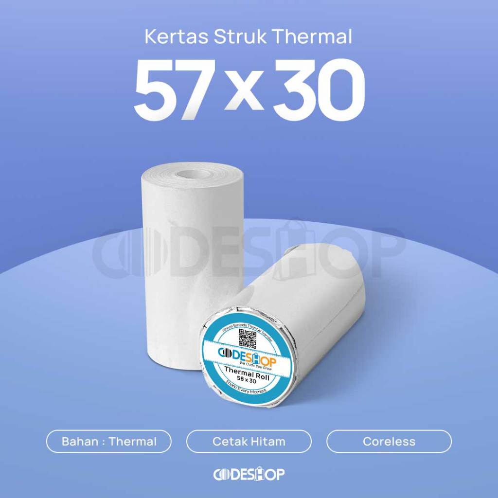 

Kertas Thermal 58x30 mm Codeshop Foil Roll Struk Kasir Paper Termal Coreless Printer Bluetooth 58mm