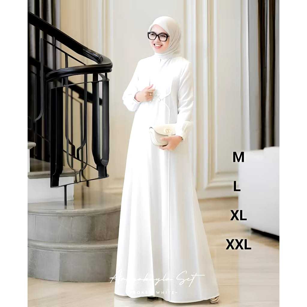 AO - Gamis Putih Arsya Kayla Elegant Mewah Jumbo M L XL XXL Bahan Ceruty Babydoll Motif Bordir COD