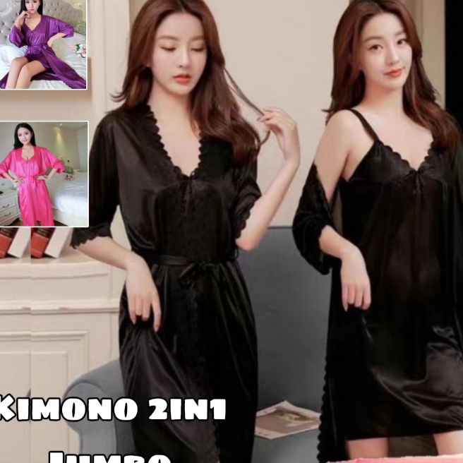 KP8  Kimono set TRICOT JUMBO wanita XXXL  Set 2IN1 kimono lingerie import bahan satin