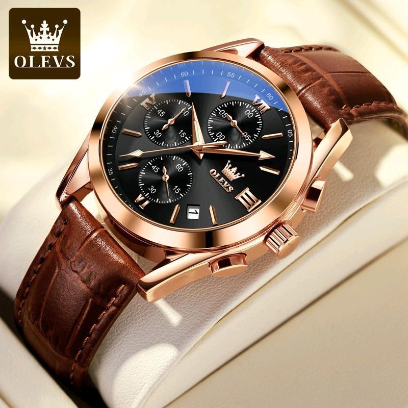 OLEVS Jam Tangan Pria Sporty Klasik Anti Air Original Kulit Asli  Otomatis Tanggal Chrono Luminous