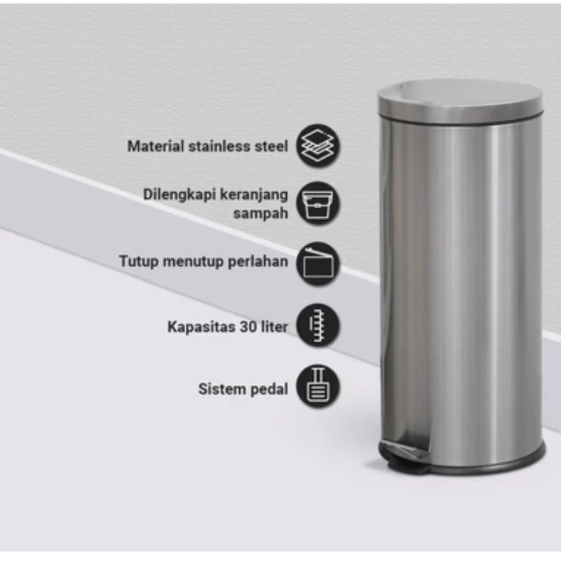 Tempat Sampah 30 Ltr Stainless Slow Close - Silver