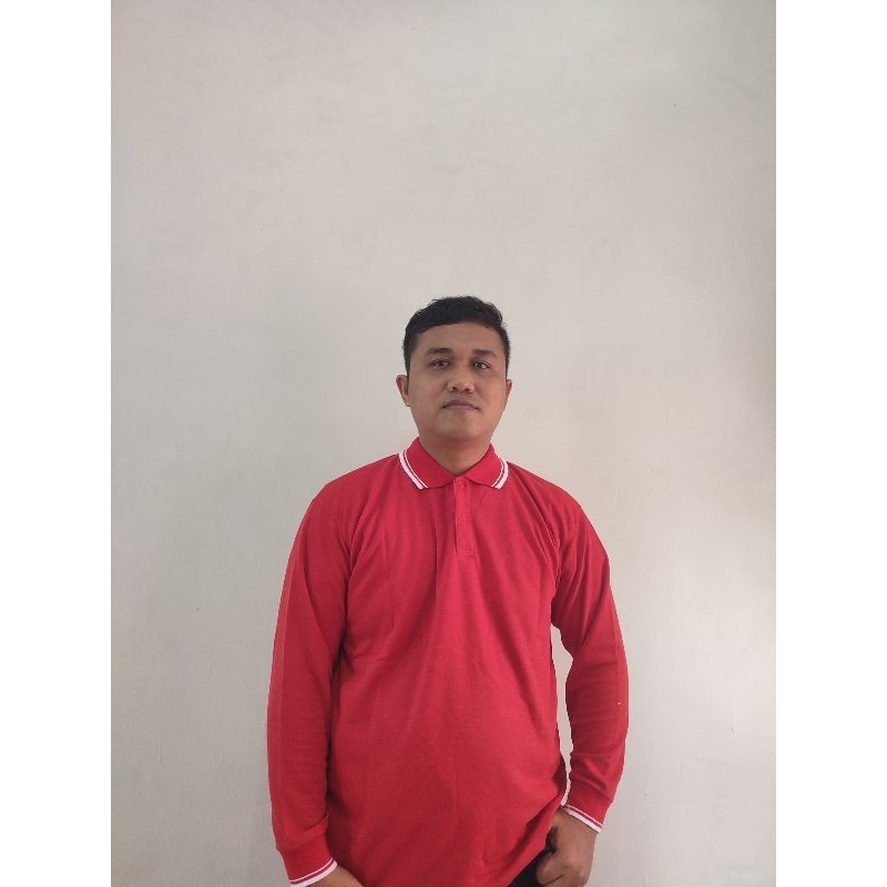 baju kerah warna merah Lis putih lengan panjang pria/wanita