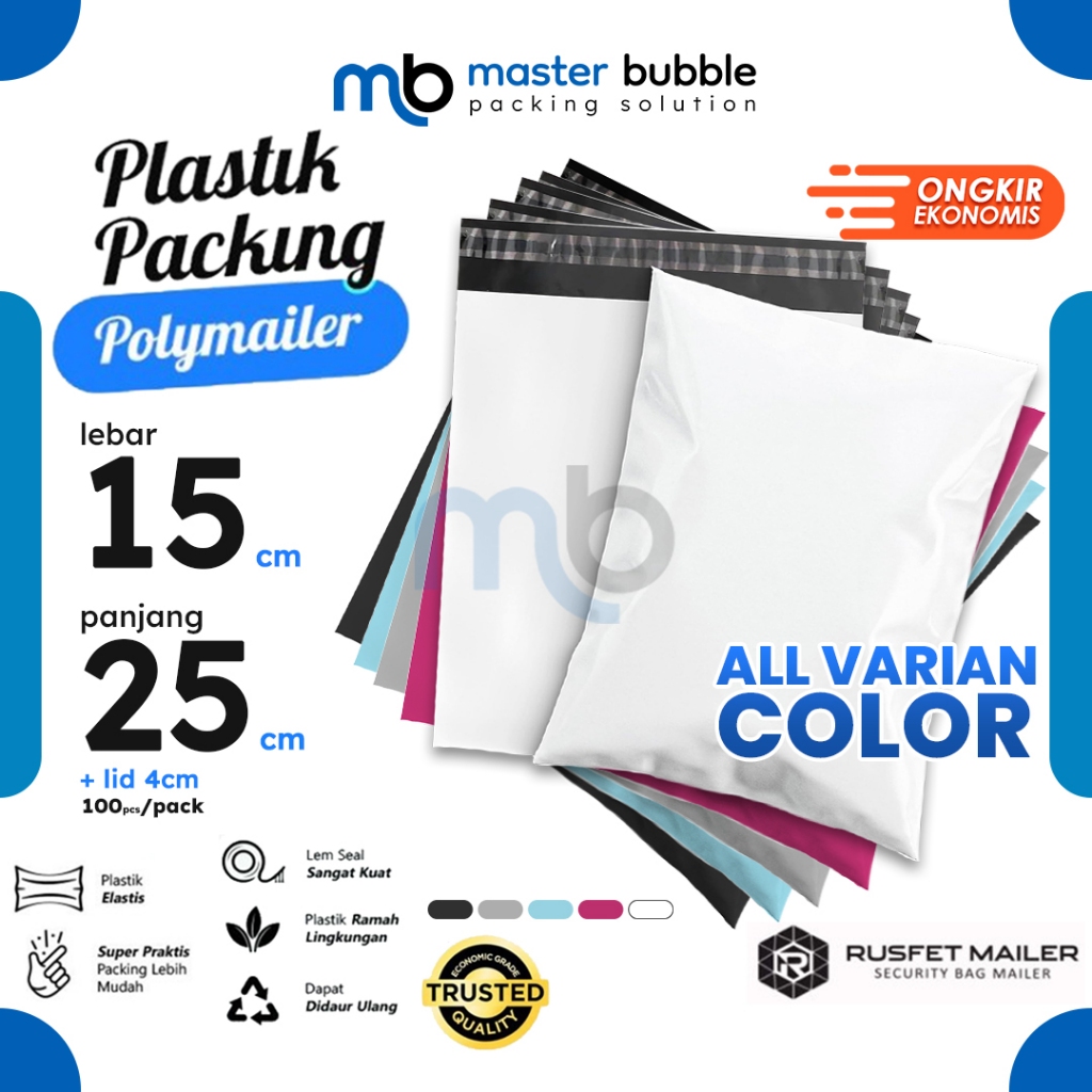 

Polymailer Amplop 15cm X 25cm Polos Solid Color Plastik Packing Online shop Harga Per-Pack