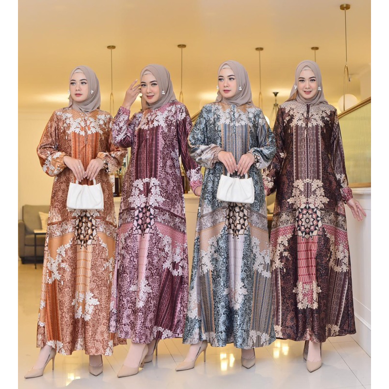 Gamis Silk Premium AVRREL Motif Terbaru Bunsui medina dress kondangan Warna Cream Navy Sage Terlaris