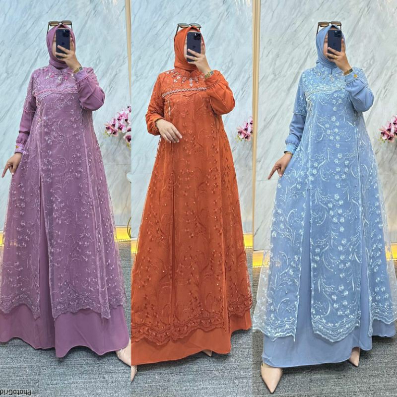 GAMIS SET HIJAB DRESS FASHION MUSLIMAH TERBARU DRESS GLAMOUR CERUTY MIX BROKAT MUTIARA PREMIUM STAND