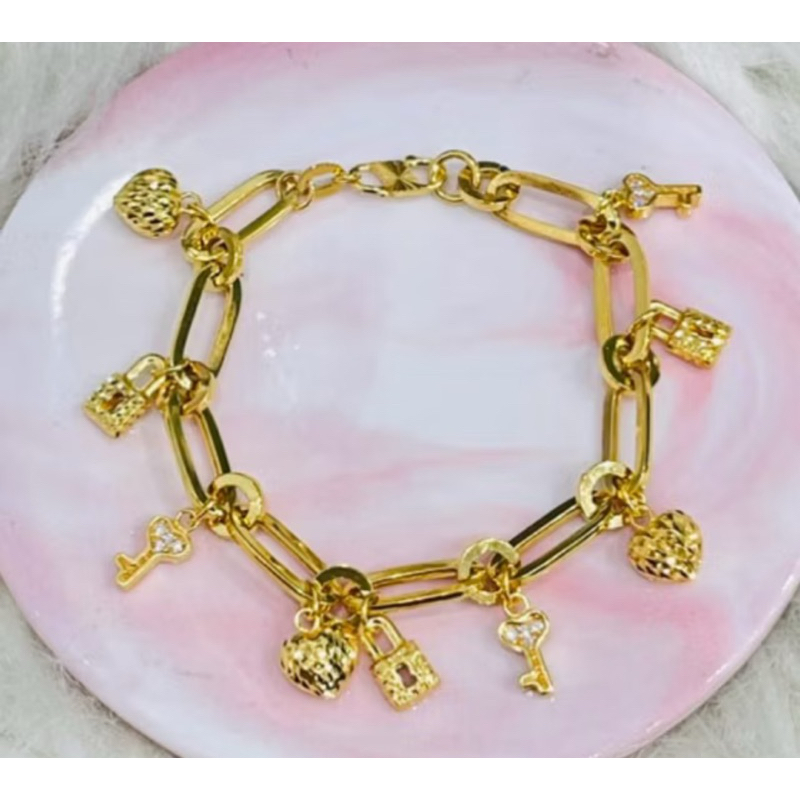 gelang paperclip love gembok kunci dan liontin hijau emas asli kadar 875