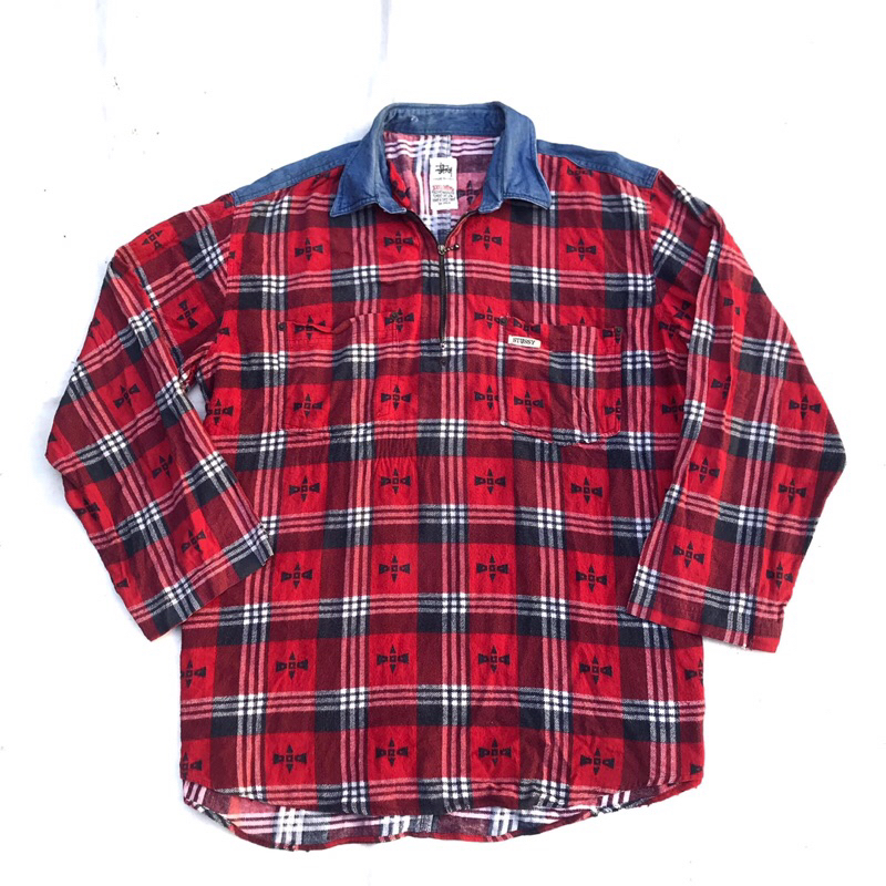 Vintage Stussy Halfzip Flannel Made In Usa Flanel shirt plaid Tartan Navajo  Red colorway with Jeans