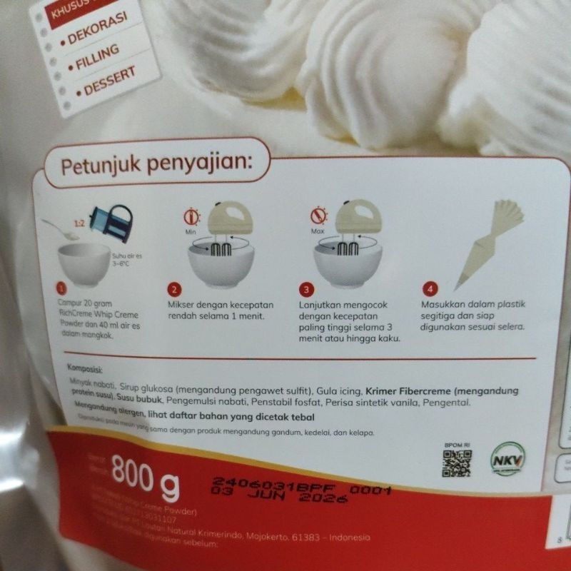 

RB Rich Creme Whip Creme Powder Ellenka 800 gram (khusus untuk dekorasi kue, filling dan dessert)