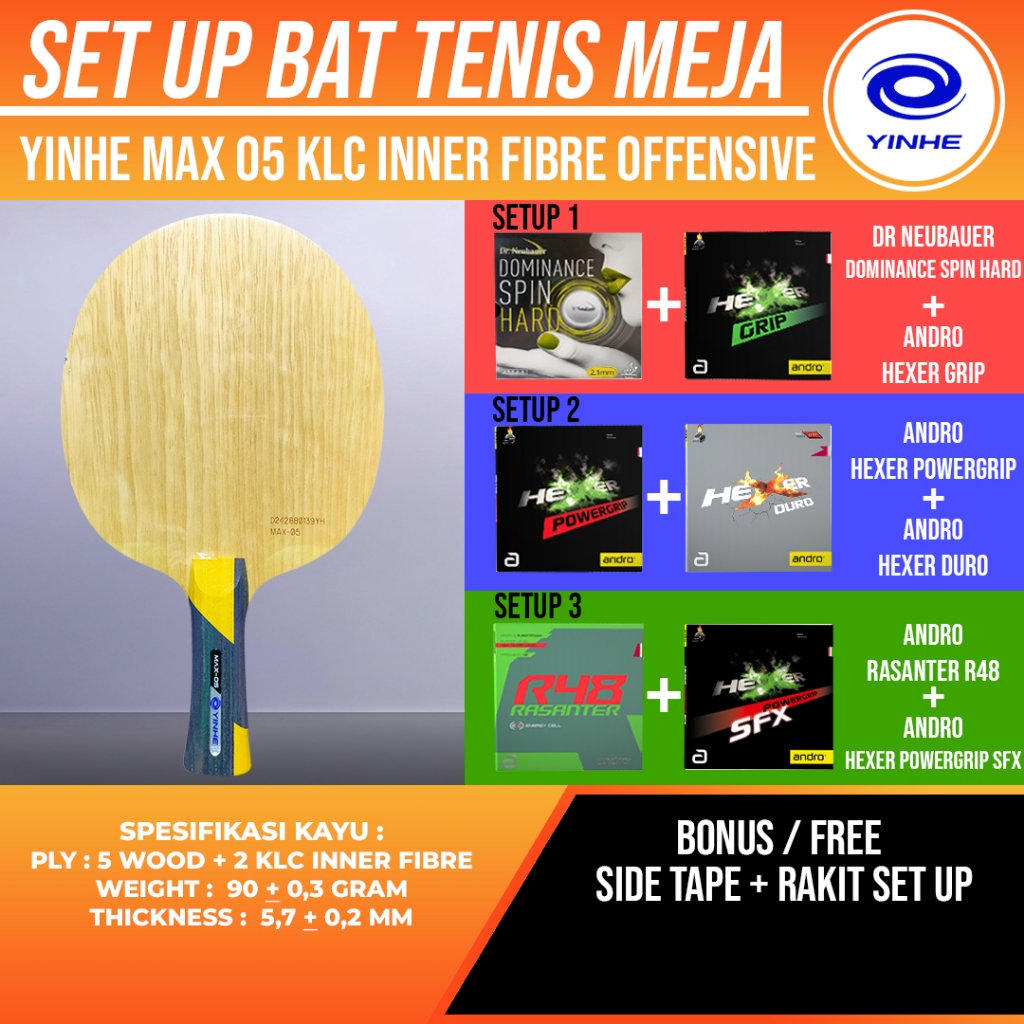 Paket Bat Pingpong Rakitan Yinhe Max 05 KLC Inner Fibre Offensive Dr Neubauer Dominance Spin Hard An