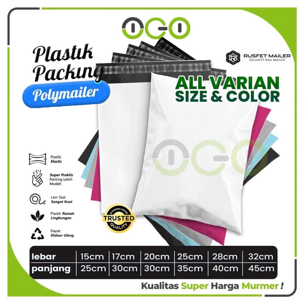 

Polymailer Amplop Varian Warna / Ukuran Polos Solid Plastik Packing Online shop Harga Per-Pack