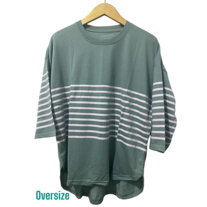 Kaos Wanita oversize Jumbo lengan 3/4 motif garis garis