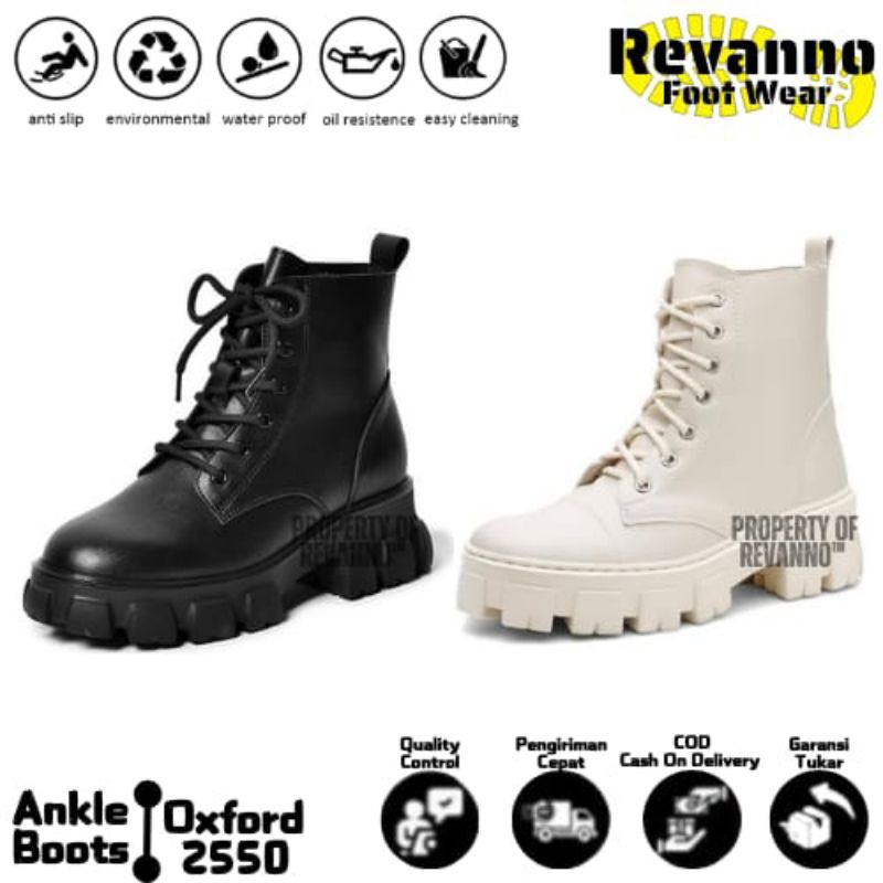 Sepatu Ankle Boots Wanita - Sepatu Boots Fashion Wanita Korea Kulit Hitam Putih Premium - Revannofoo