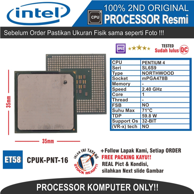 ET58 CPUK-PNT-16 PROCESSOR PC KOMPUTER INTEL PENTIUM 4 SL6S9