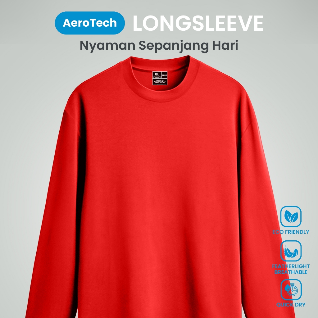 FLOX Kaos Lengan Panjang Pria - Kaos Merah - Kaos Plos Pria Lengan Panjang