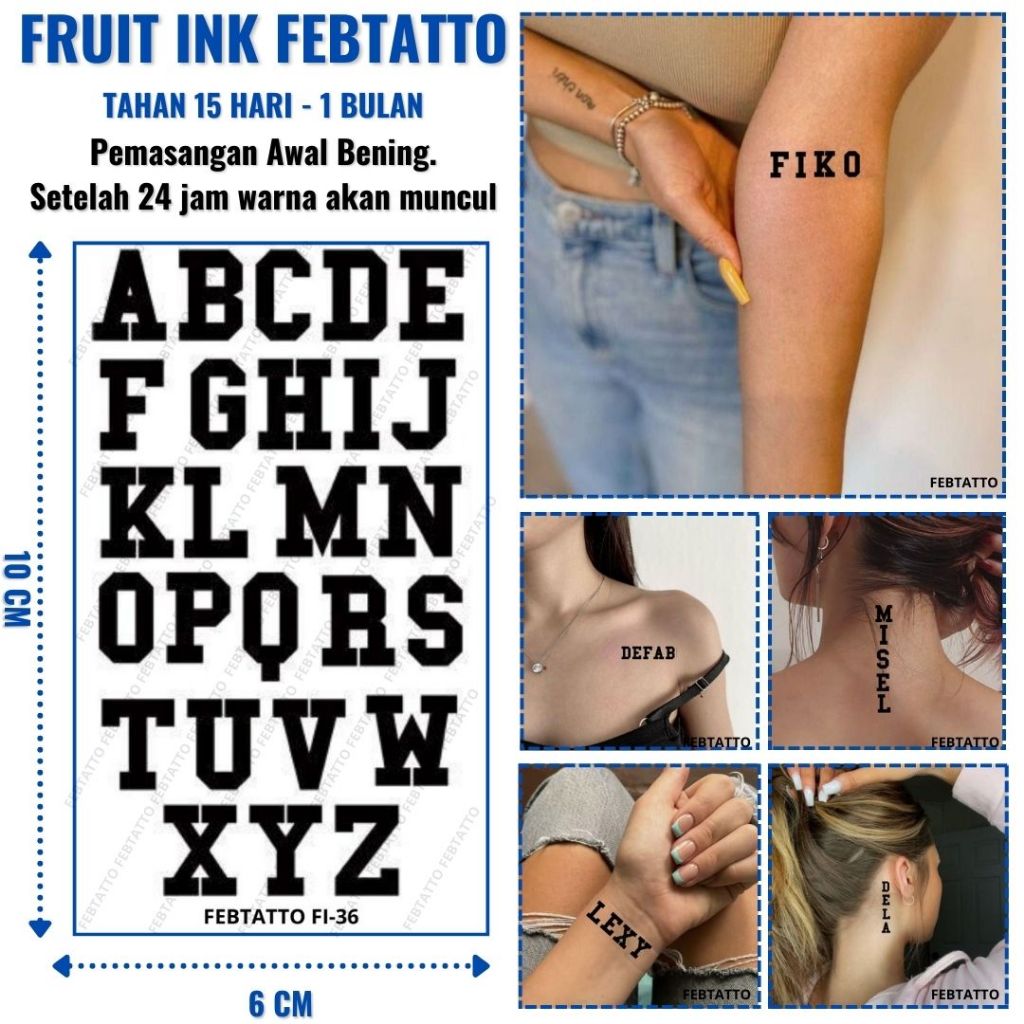 FRUIT INK Tato Huruf Abjad Tahan 1 Bulan Ukuran 6cm x 10cm - FI 36 - Tato Lengan Tato Dada Tato tang