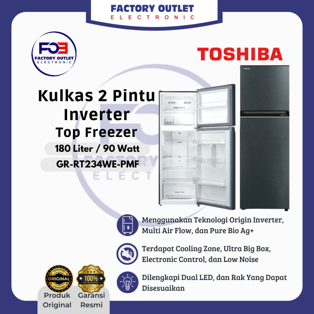 TOSHIBA GR-RT234WE-PMF GR - RT234WE - PMF Kulkas 2 Dua Pintu Top Freezer Inverter 180 Liter - ONLY J