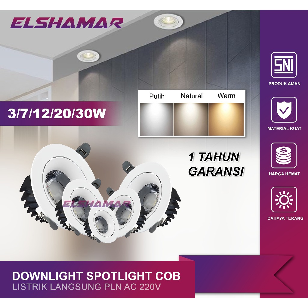 Downlight Spotlight COB LED 3W 7W 12W 20W 30W Lampu Sorot Plafon Terang Garansi 1 Tahun