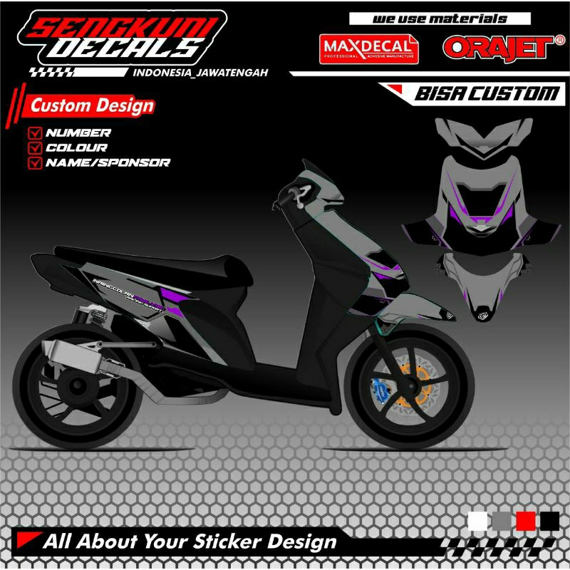 Striping Decal Stiker Sticer Motor Honda Beat Karbu Fi Esp Street Deluxe Custom Riquest Hitam Biru M