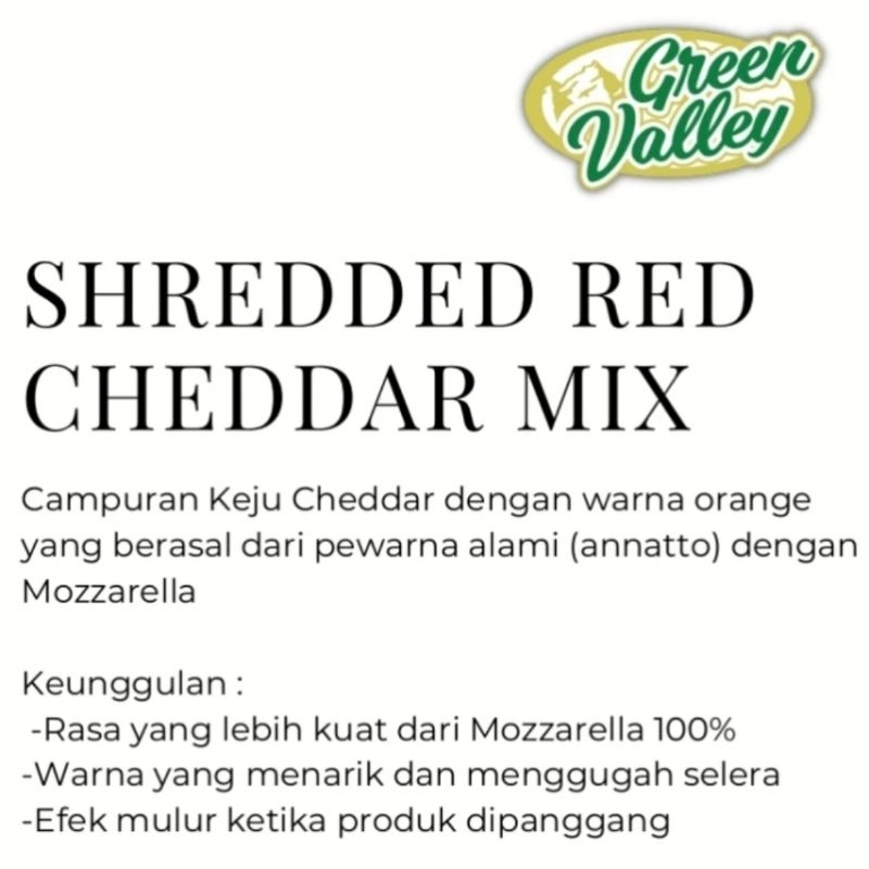 

Green Valley Red Cheddar Mix Mozzarella Cheese Keju Parut 1kg Halal