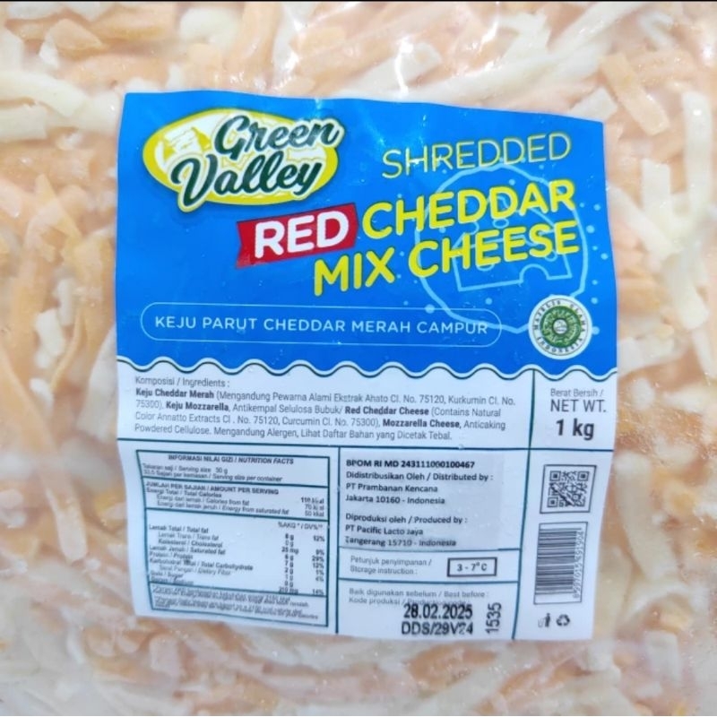 

Green Valley Red Cheddar Mix Mozzarella Cheese Keju Parut 1kg Halal