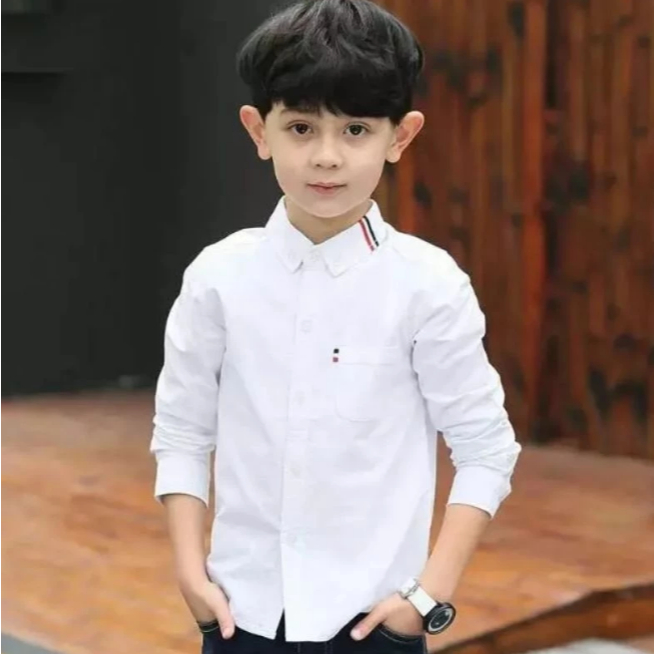Kemeja Putih Polos Katun Anak Laki Laki Lengan Panjang Russel