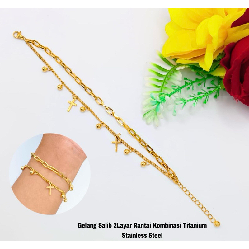 gelang tangan SALIB 2layar Titanium fashion wanita